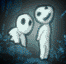Two white cartoon figures with large round heads and simple facial features stand against a dark blue textured background, one figure slightly behind the other.