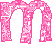 Four pink pixelated 'm' shapes with white sparkles on a gray background, arranged in two