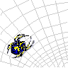 Animated spider icon on background with blue and yellow body, black legs, and white web lines