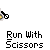 Pixelated icon of a yellow figure holding scissors, repeated in a with text 'Run With Scissors' below each instance on a gray background