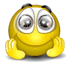 Yellow cartoon face with large eyes and black eyebrows, hands clasped near chest holding red heart or orange object in sequence.