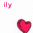 Two pink 'ily' text icons and two red heart icons on a white background with light blue and pink speckles.