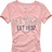 A static image shows a light pink short-sleeve t-shirt with text graphics, positioned next to pixelated black text reading 'JERCROME AND FITCH GIRL' on a white background.