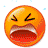 Two side-by-side orange circular faces with closed eyes and open mouths, surrounded by white and light blue pixelated shapes on a gray background.