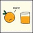 Pixelated orange fruit with green leaf and smiling face next to glass of orange juice on white background, yellow border text reads "Orange Juice" and "It's My Obsession!".