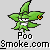 Green cartoon leaf character with orange eyes and white mouth, displayed in a of static poses above text reading 'Poo' and '_Smoke.com_Smoke.com_Smoke.com_' on gray background