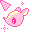 Pixelated pink creature with yellow accents and two small eyes, surrounded by pink sparkles on gray background.