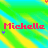 Pixelated red text 'Michelle' on a diagonal striped background of green, yellow, and cyan with small colored symbols changing position.