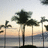 Pixelated static image of palm trees against a sunset sky with ocean in the background.