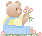 Pixelated cartoon bear in blue overalls holding pink flowers, shown in two side-by-side frames with slight pose differences on a gray background.