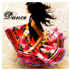 A woman in a colorful, flowing dress with red, green, yellow, and white patterns is captured mid-dance, her long dark hair and dress swirling against a light background with the word "Dance" visible.