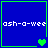 Blue square with green border containing white text 'ash-a-wee' and green heart symbols in different positions across four