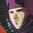 Pixelated image of a person with purple head covering and dark clothing against dark background, with text elements on right side.