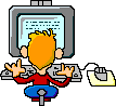 Pixel art animation of a cartoon character typing on a computer with three distinct hand positions across frames.