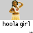 Pixelated animated icon of a woman in hula attire with hand near head, repeated
