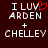 Pixelated text displays 'I LUV' with a red heart replacing 'U', 'ARDEN' below, a plus sign, and 'CHELLEY' at the bottom on a dark brown background.