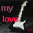 Animated sequence of a white electric guitar on dark background with red and pink heart symbols, text 'my love' in purple and red.