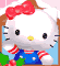 Pixelated Hello Kitty avatar with red bow, blue overalls, and striped sleeves in two side-by-side frames showing slight head movement.