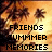 Pixelated image with warm orange and brown background featuring two dark brown floral shapes, overlaid with bold black text reading FRIENDS SUMMER MEMORIES.