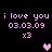 Pixelated text and heart symbols on a black background with pink and purple elements.