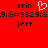 Red background with black text 'erin' and 'jeff', a white heart symbol, and pixelated code-like characters.