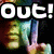 A pixelated character with green skin and a blue hat makes a peace sign while the word 'Out!' appears in large white text above.