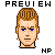 Pixel art headshot of a person with light brown hair styled upward, blue eyes, and a neutral expression against a gray background.