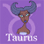 A 6-frame animated contact sheet of a Taurus zodiac icon featuring a cartoon woman with bull horns, displayed on a purple background with the word "Taurus" below her.
