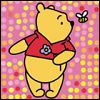 Yellow bear in red shirt with blue flower stands against pink polka-dot background, watching small bee with white wings.