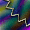 A zigzag shape with a metallic border appears against shifting gradient backgrounds in six , transitioning from dark blue-purple to light pastel tones