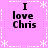 Pixelated text "I love Chris" on a pink background with white dotted and dashed borders, repeated in four quadrants.