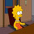 Pixelated yellow-haired character with white eyes and red dress stands in room with blue door frame, brown walls, and dark furniture.