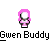 Pixelated icon of a character with pink hair and white face, wearing black-and-white clothing, positioned above stylized text reading 'Gwen Buddy' on gray background.