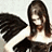 A pixelated image of a person with long dark hair wearing a white top and black wings, next to green text reading 'OriginalIcons.com' on a solid background.