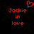 Red pixelated text 'Jackie in love' appears twice on a black background with a red heart symbol above the left instance.