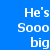 Blue background with white text reading "He's Sooo big He has a But when he Talks... High Voice" and a polka-dot section showing partial pink text "ily Clare".