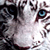A pixelated close-up of a tiger's face showing dark stripes, blue eyes, and white fur with brown accents.