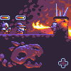 Pixel art scene showing two armored figures on a platform, one casting fire at a large creature with spiky headgear against dark purple background.
