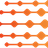 Five horizontal rows of orange pixelated shapes on a light gray background, each row containing four connected circular or rounded square elements with varying sizes and brightness levels.