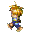 Pixelated character with spiky brown hair and blue outfit in six sequential poses showing walking motion against gray background.