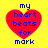 Four identical red heart-shaped icons with blue text on a yellow background, each displaying "my heart beats for mark" in pixelated font.