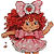 Pixelated cartoon character with red hair wearing pink dress and large bow, holding a wooden stick-like object against white background.