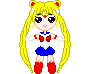 Six pixel-art Sailor Moon character variations with yellow hair, blue eyes, and red accents on a gray background.