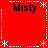 Red background with white dashed lines and asterisks forming a , four instances of the word 'Misty' in black text at corners