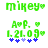 Green pixelated text 'mirey' with heart symbol, 'A.P.' and 'L2L09' below, blue stars at bottom; two variations show different star arrangements.