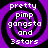 Four identical purple and black spiral icons with white text reading 'pretty pimp gangsta and 3stars' arranged in a