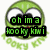 Green circular character with large white eyes and black pupils, red lips, text overlays reading 'oh im a hooky kiwi', 'yes im a kooky kiwi', and 'oh im a movin growin green singin kooky kiwi' across frames.