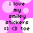Pixelated text on pink background with white circles, reading 'i love my smiley stickers =] <3 toe' in four identical