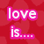 six pixelated images with text overlays: red background with pink 'love is....', orange circle with red 'hard', yellow face with blue 'depressing', landscape with green 'lonley', purple text on white, and empty gray space