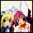 A 48x48 pixel buddy icon featuring two anime-style characters on the left and text elements on a black background to the right, displayed as part of an animated contact sheet with two visible frames.
